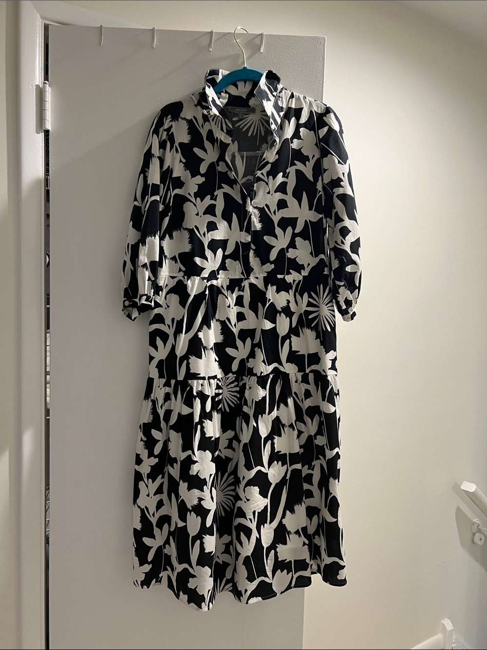 Black & White Floral Tiered Midi Dress with Button-Front